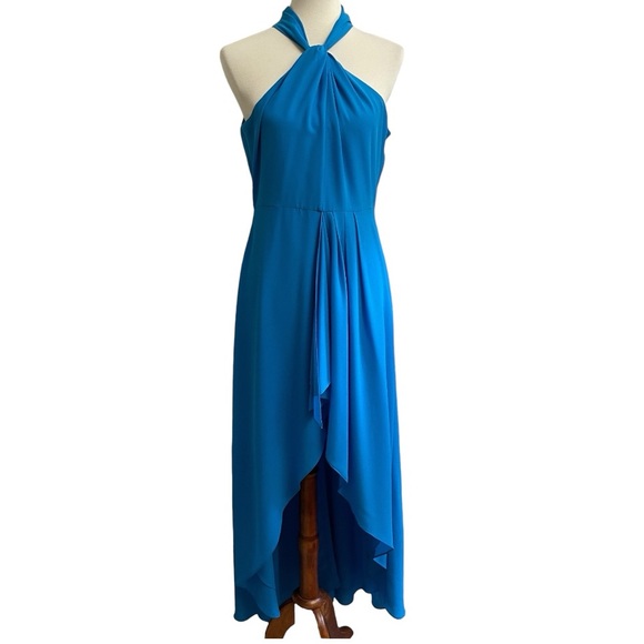 Belle Badgley Mischka Maxi Dress Womens 10 Leg Reveal Blue Halter Scarf Tie Back - Picture 1 of 16